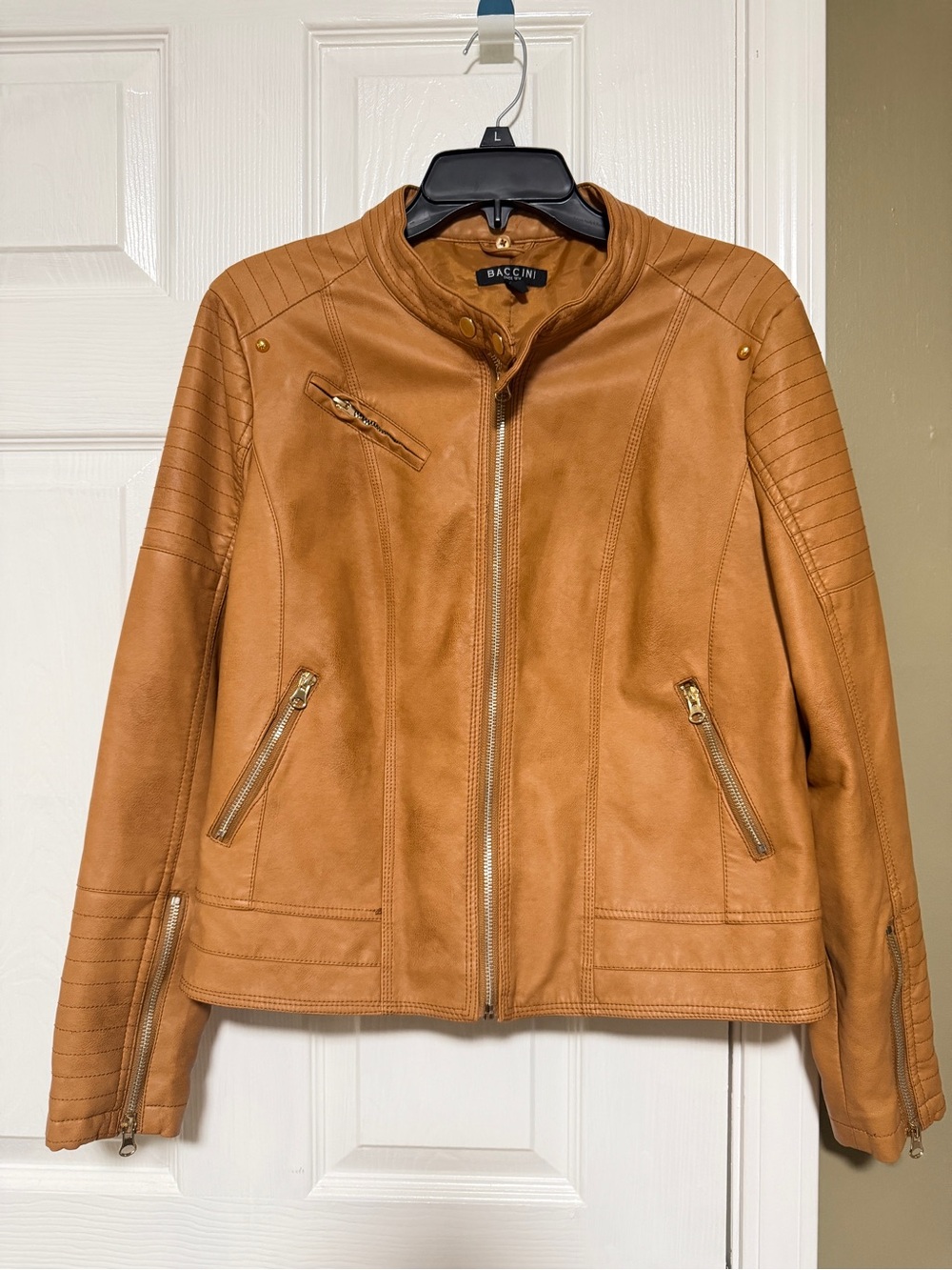 Baccini Women's Camel Tan Faux Leather Moto Jacket